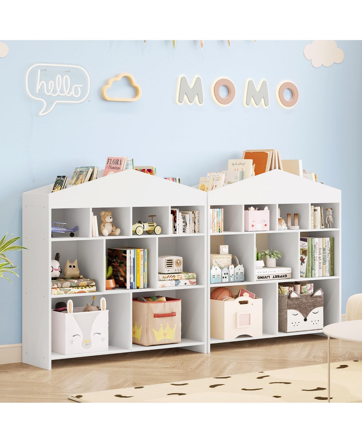 homfan Kids Bookshelf and Toy Organizer - 4-Tier 15-Cube Wooden Multifunctional Bookcase with 9-Cubby Toy Shelf, for Playroom, Nursery, Study Room