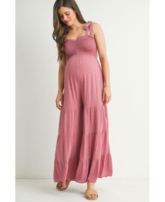 Maternity Sleeveless Smocked Wide Leg Jumpsuit with Tie Straps