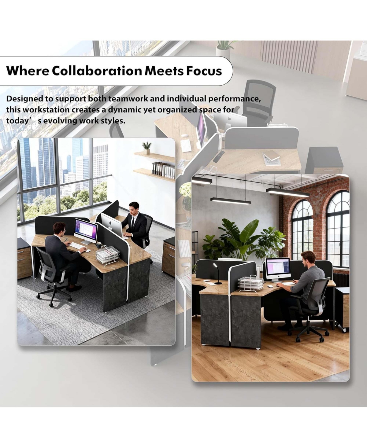 Logicfox 3 Person Office Cubicle Desk Workstation with Drawers and Built-in Power Outlets, Adjustable Wall Partitions