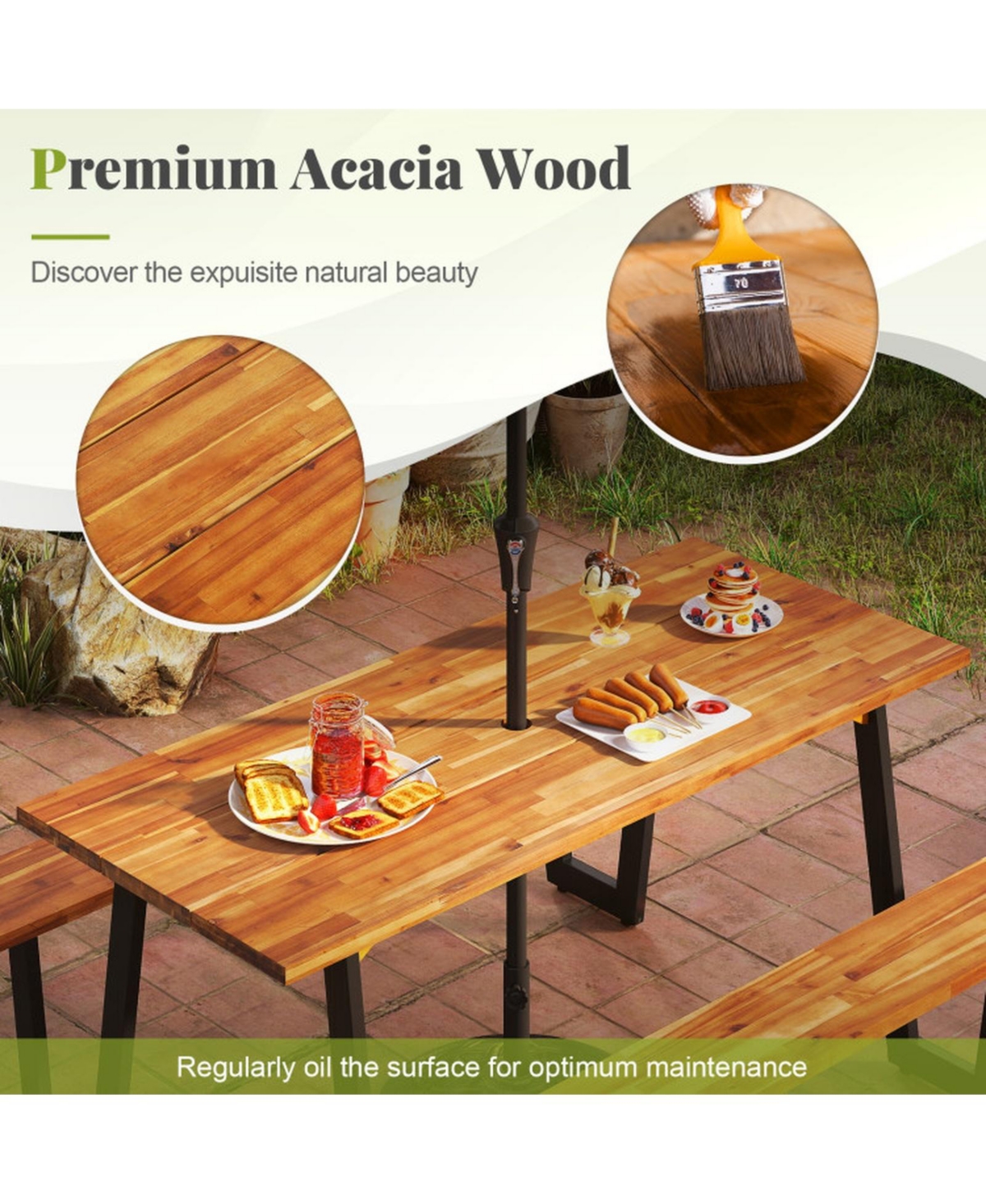 Gouun Outdoor Acacia Wood Picnic Table Set with Tilting Umbrella and Resin Base