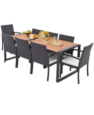 9 Piece Patio Rattan Dining Set with Acacia Wood Table and Cushioned Chairs