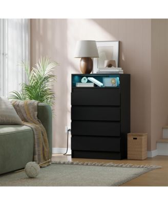 4 Drawer Double Dresser with Power Outlet, Accent Chests of Drawers with LED Light, Modern White Storage Dresser with Charging Station