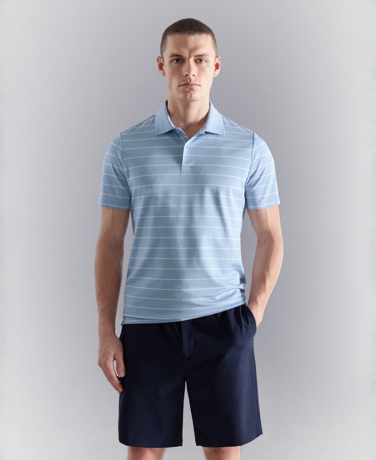 Mango Men's Coolmax Slim-Fit Striped Polo Shirt - Sky Blue