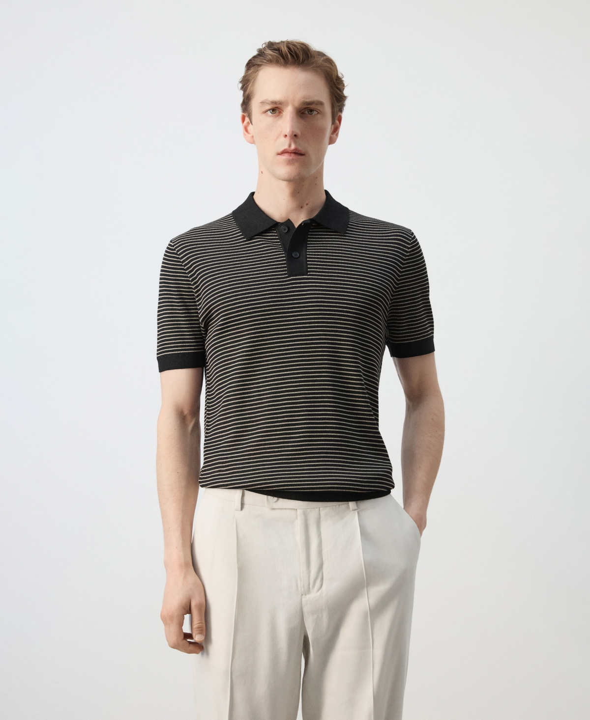 Mango Men's Striped Knit Cotton Polo Shirt - Black