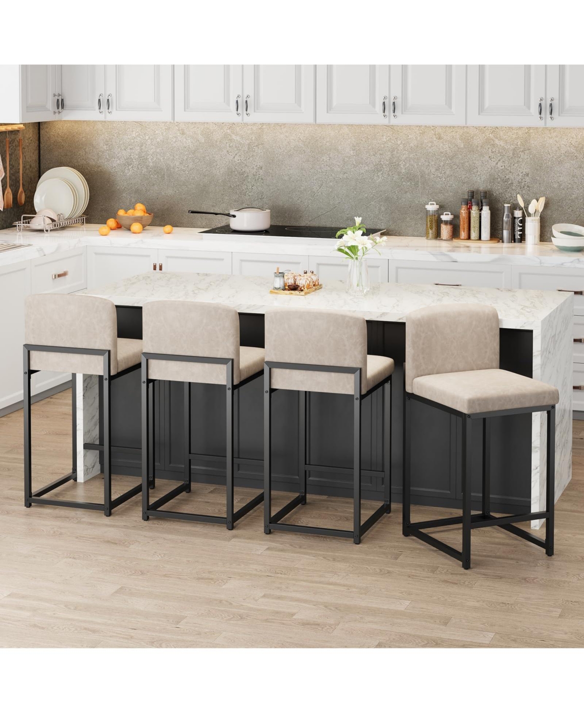 homfan Set of 4/6 Counter Height Bar Stools, 24.8 Inch Upholstered Chairs with Backrest and Metal Legs, Home Game Room