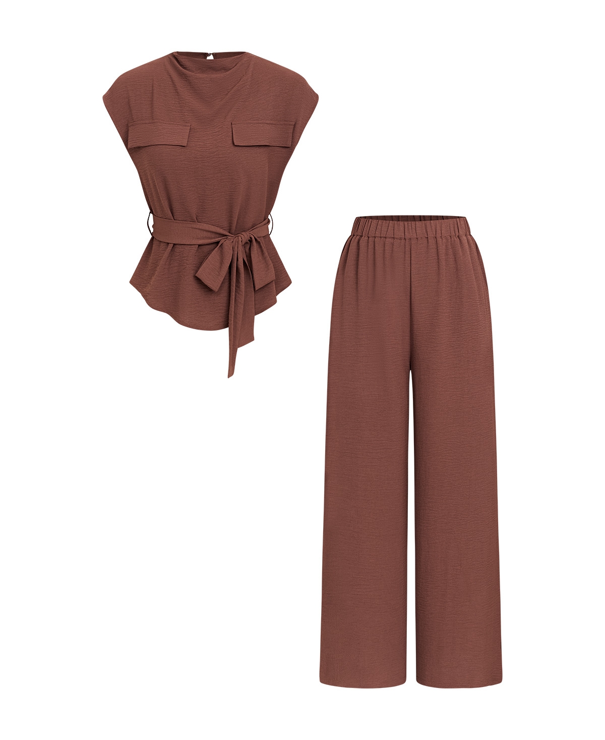 Cupshe Women's Crew Neck Belted Top and Wide Leg Pants Two-Piece Set