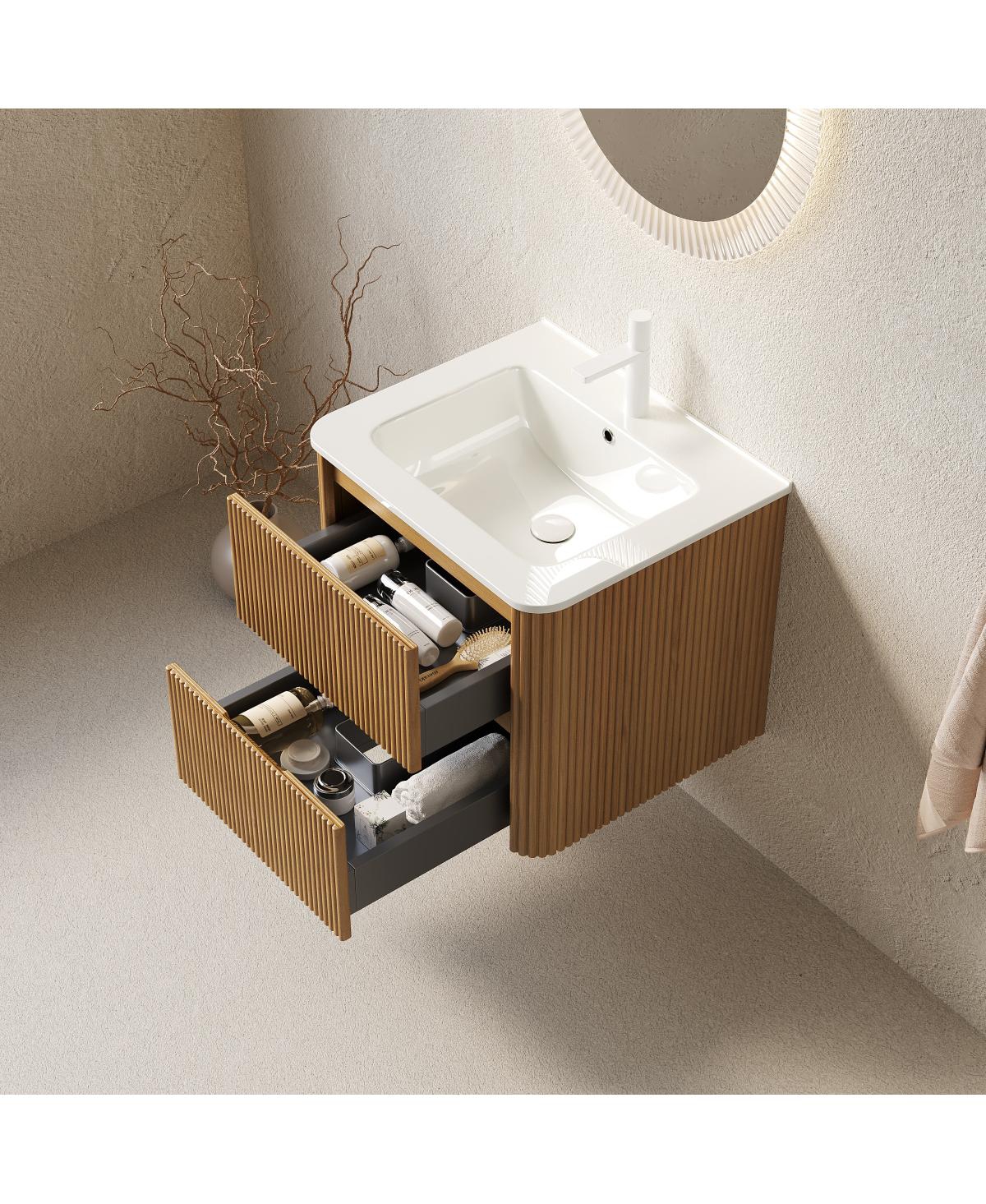 Sillysis Floating Wall Mounted Bathroom Vanity with Ceramic Sink, Soft Close Drawers and Retro Natural Plywood Cabinet for Small Bathrooms-Sillysis