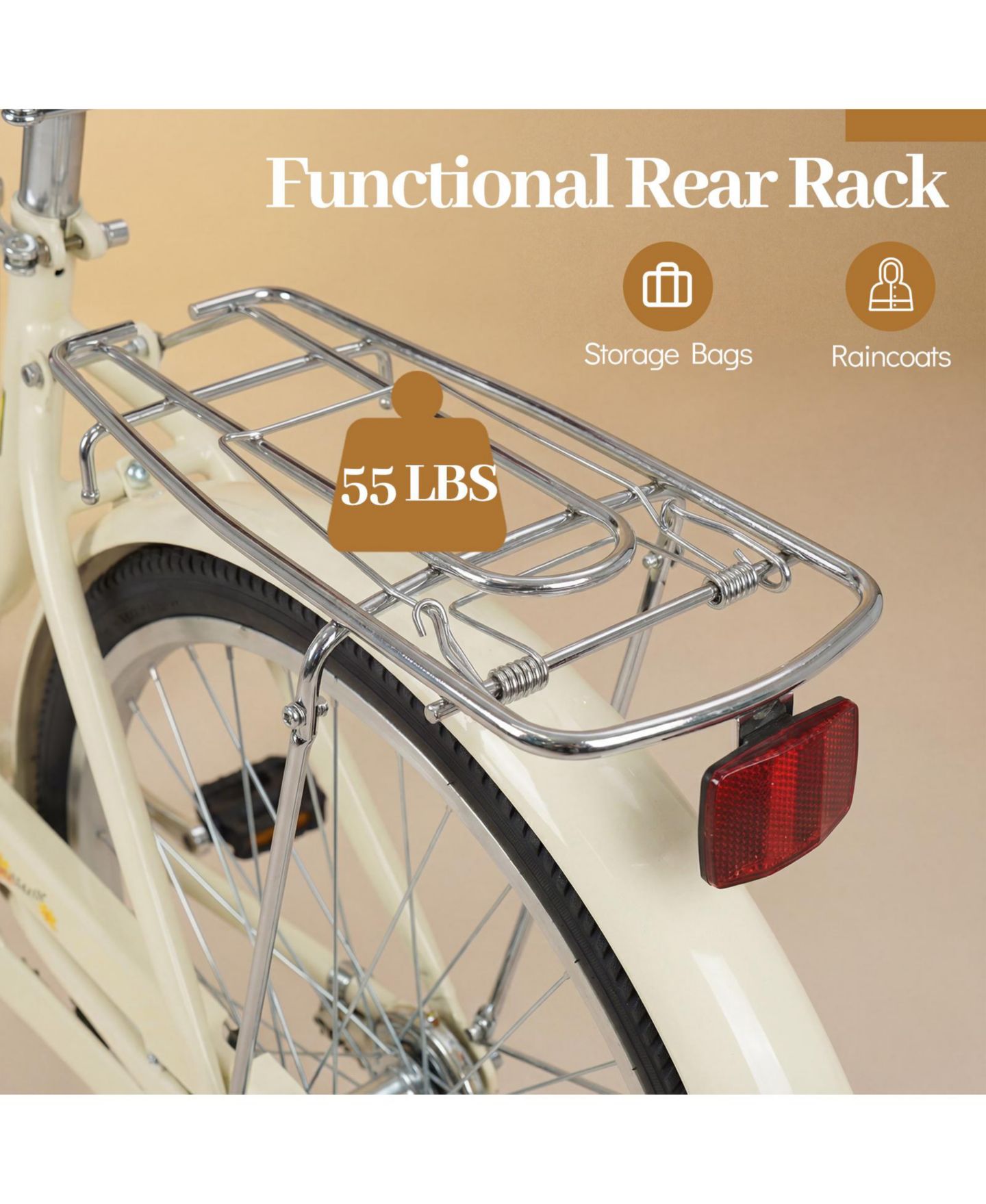 Детская игрушка Gymax 24-Inch Beach Cruiser Bike with Adjustable Seat Woven Basket and Rear Rack, цвет: Светлый бежевый — фото 7