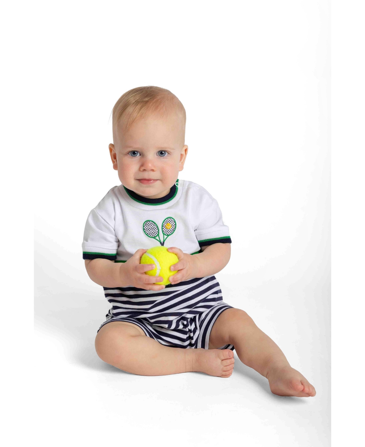 Florence Eiseman Baby Boy Stripe Knit Shortall with Tennis Rackets