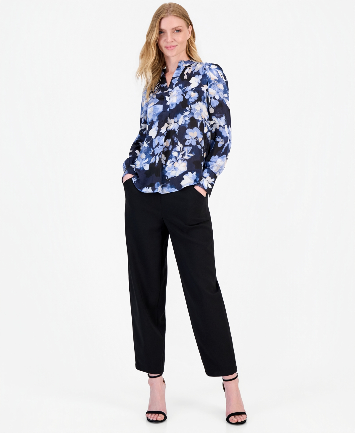 Anne Klein Petite Long-Sleeve V-Neck Top