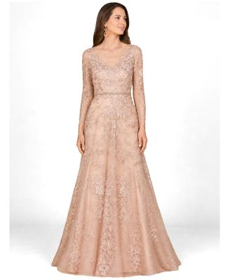 Women's Long Sleeve V-Neck Lace Gown with Beaded Belt