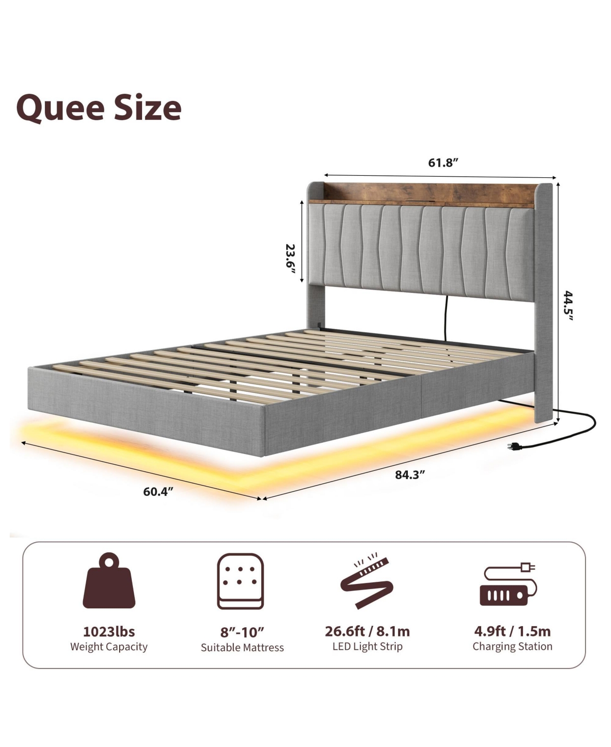 homfan Modern Floating Platform Bed with Led Lights and Charging Ports, Upholstered Storage Headboard, Sturdy Wood Slats