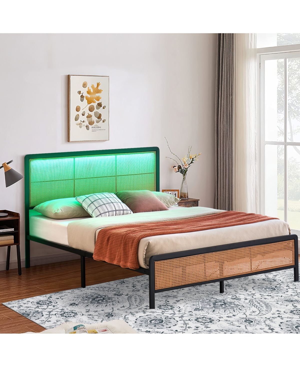 homfan Rattan Platform Bed Frame with Led Headboard, Modern Boho Cane Style, Heavy Duty Metal Frame, Steel Slats, No Box Spring Needed