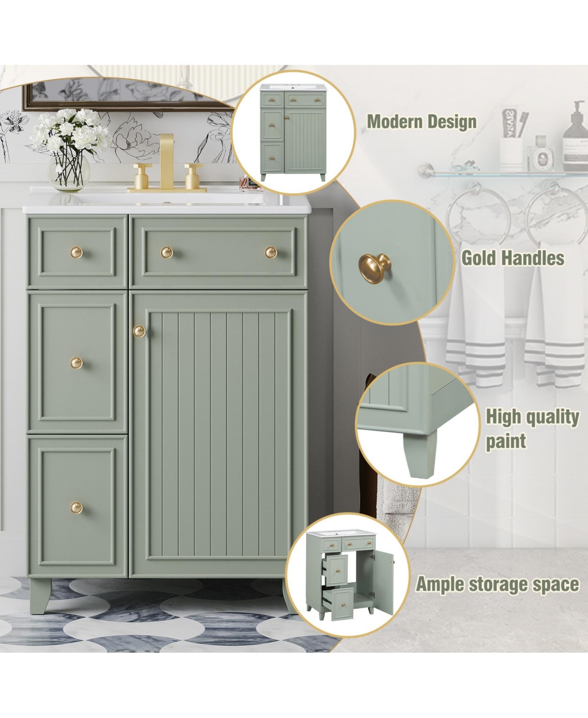 Phying 24 Inch Bathroom Storage Vanity Cabinet with Ceramic Sink 2 Drawers and Single Door Modern Home Bathroom Furniture