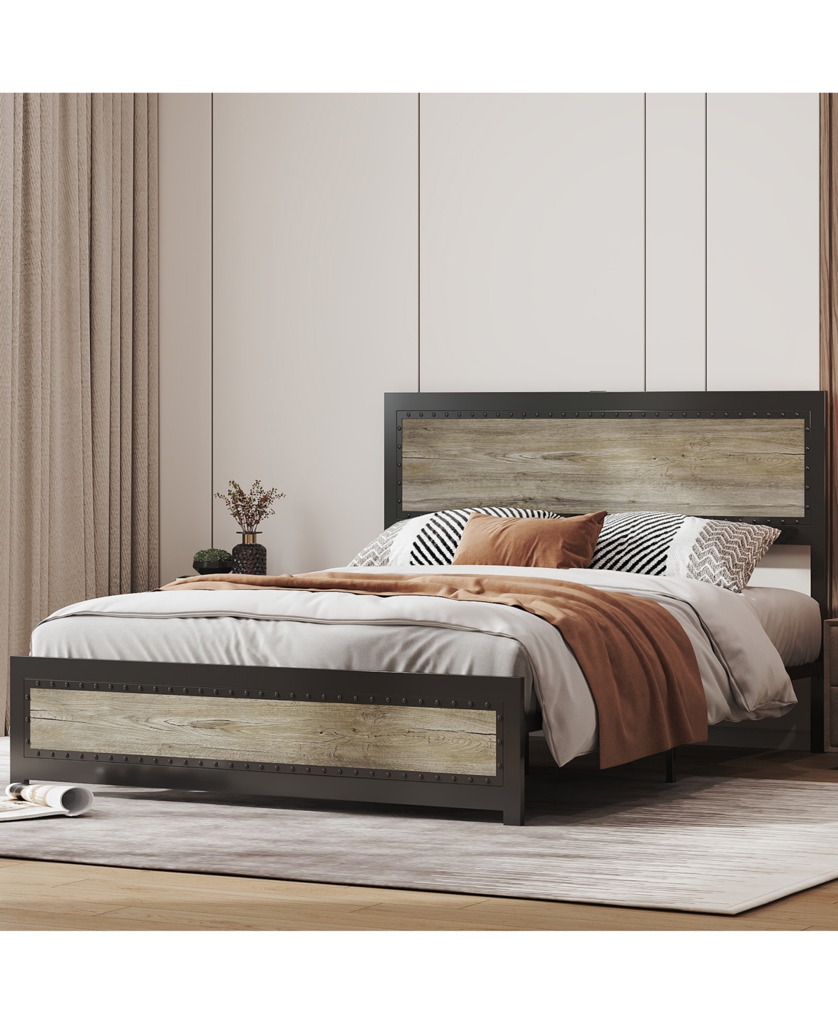 homfan Platform Bed Frame with Charging Station, Industrial Headboard and Footboard, Metal Slat Support, Box Spring Not Required