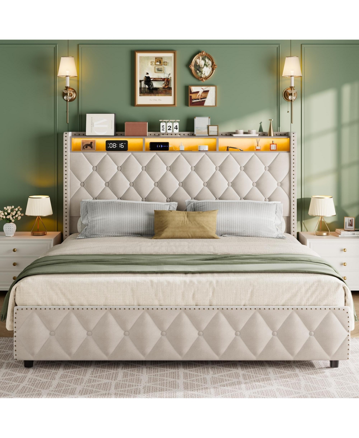 homfan Upholstered Bed Frame with Tall Headboard, 50.8inch Velvet 4 Storage Drawers and Usb Charging Station, No Box Spring Needed