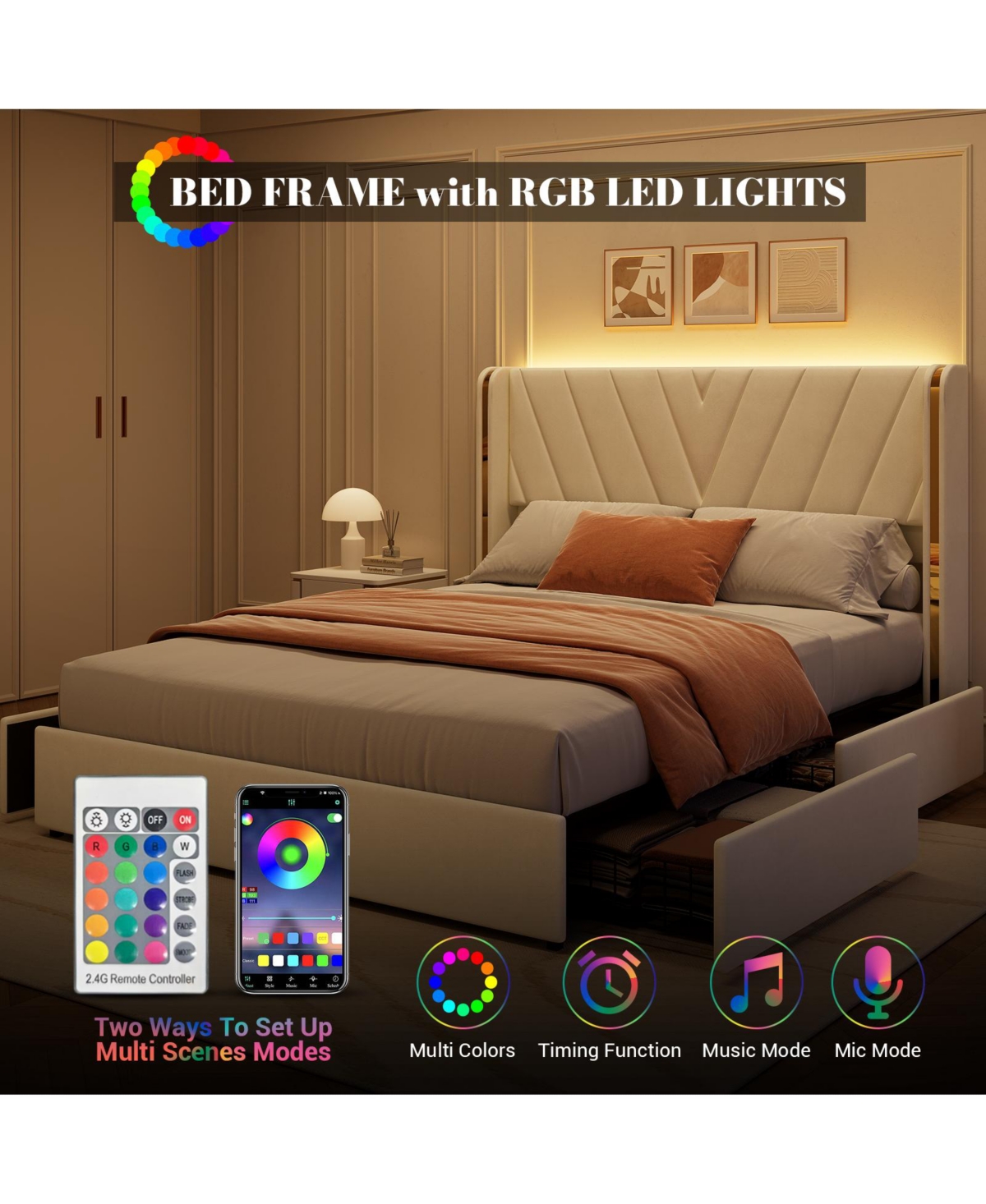 homfan Modern Upholstered Bed Frame with Rgb Led Headboard, V-Shaped Wingback, 4 Large Storage Drawers, Wooden Slats
