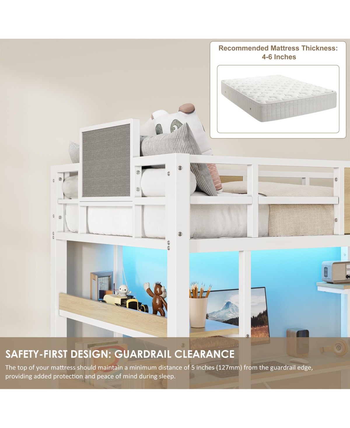 gaomon Twin Loft Bed with Desk, Stairs, Led Lights, Charging Station, 3 Drawers and 2 Shelves for Kids and Teens