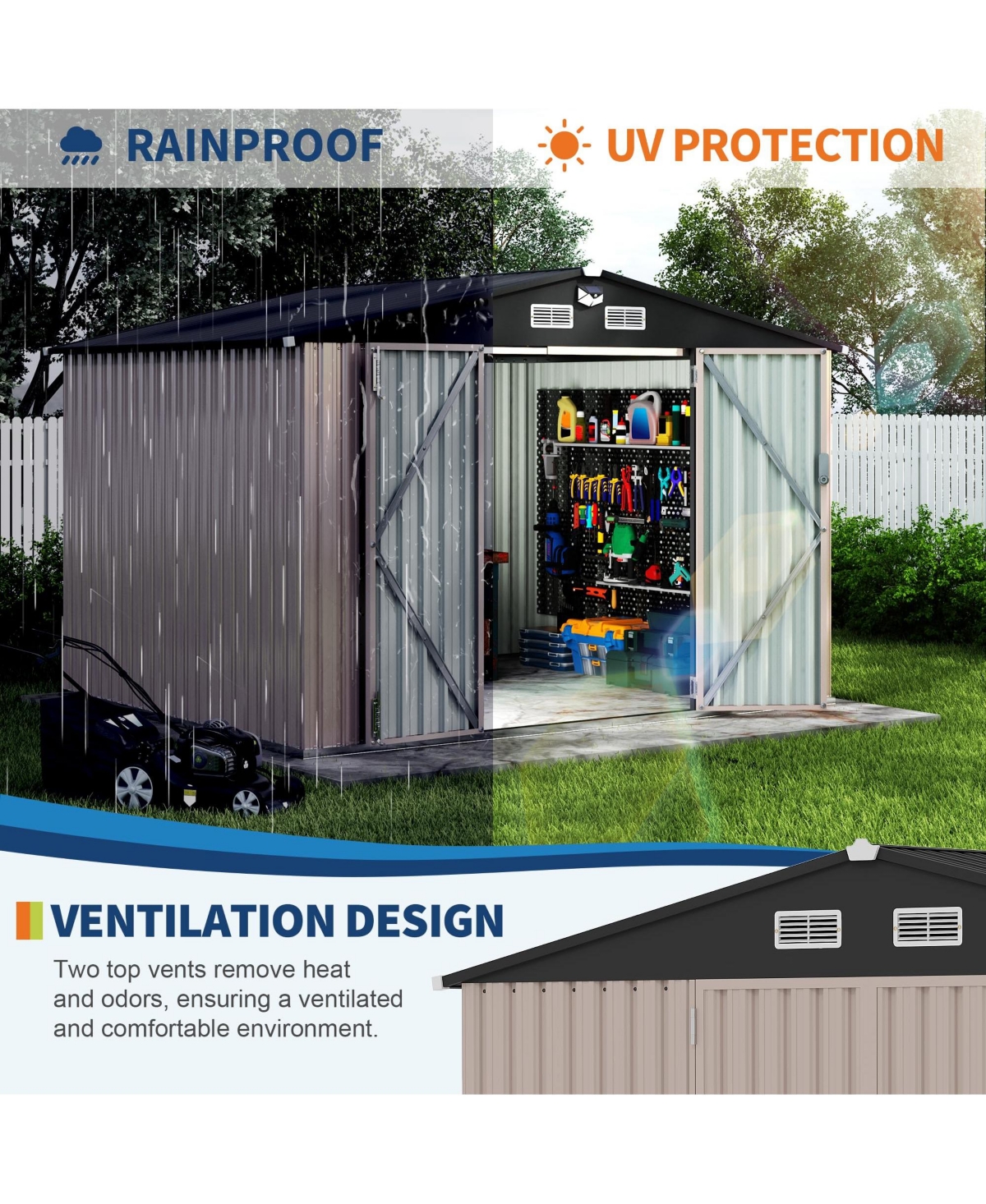 GarveeLife Outdoor Metal Storage Shed With Integrated Solar Light For Garden And Backyard Tool Organization
