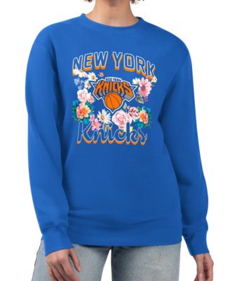 Women's Blue New York Knicks Flowers Team Logo Graphic Fleece Crewneck Pullover Sweatshirt