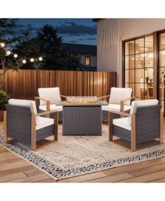 Patio Resin Wicker Furniture Set with Fire Pit Table, PE Rattan Swivel Patio Chairs with Propane Fire Pit Table,5PCS Patio Conversation Set