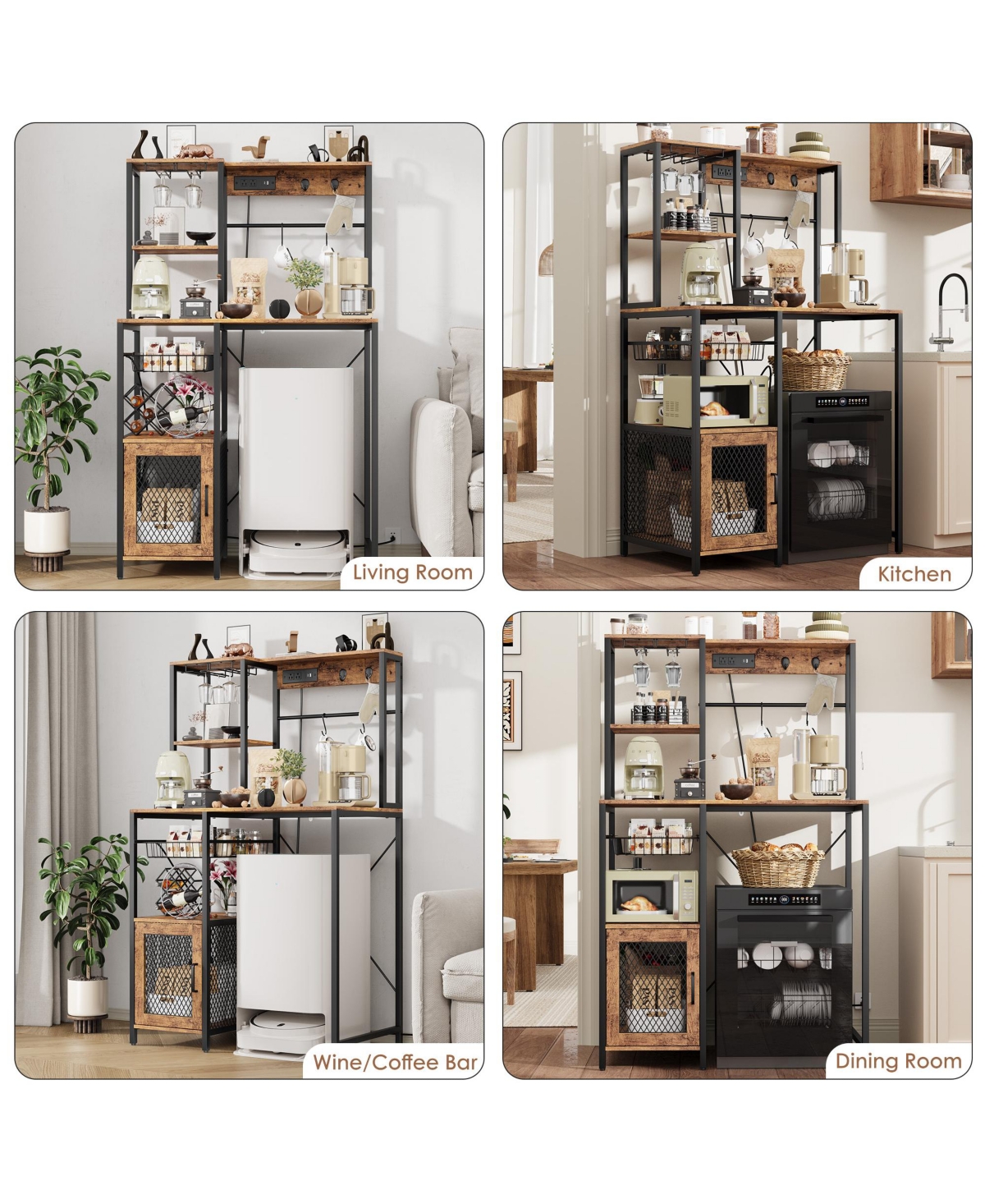 homfan Industrial Freestanding Kitchen Shelf, Bakers Rack with Refrigerator Compartment and Power Outlet, Microwave Station for Pantry and Living Room
