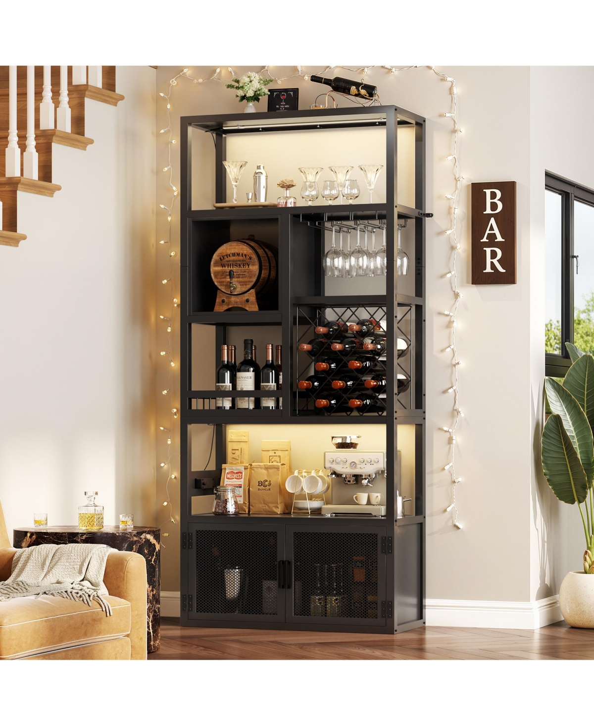 Aheaplus Tall Wine Bar Cabinet with Led Light and Charging Station, 7-Tier