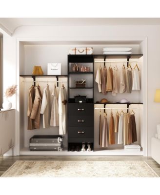 Closet System with 3 Hanging Rods, 3 Drawers and 3 Shelving Tower, 5-8 Feet Walk-in Closet Organizer