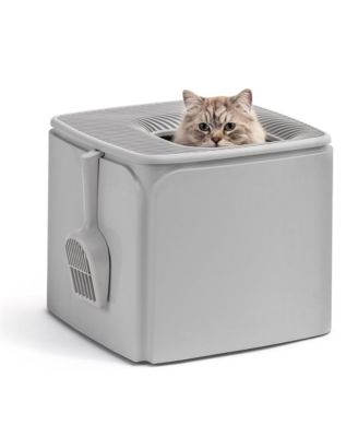 Premium Top Entry Cat Litter Box with Scoop and Enclosed Design, Gray