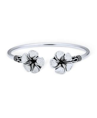Bali Floral Style Plumeria Flower Stacking Bangle Cuff Bracelet Oxidized .925 Sterling Silver