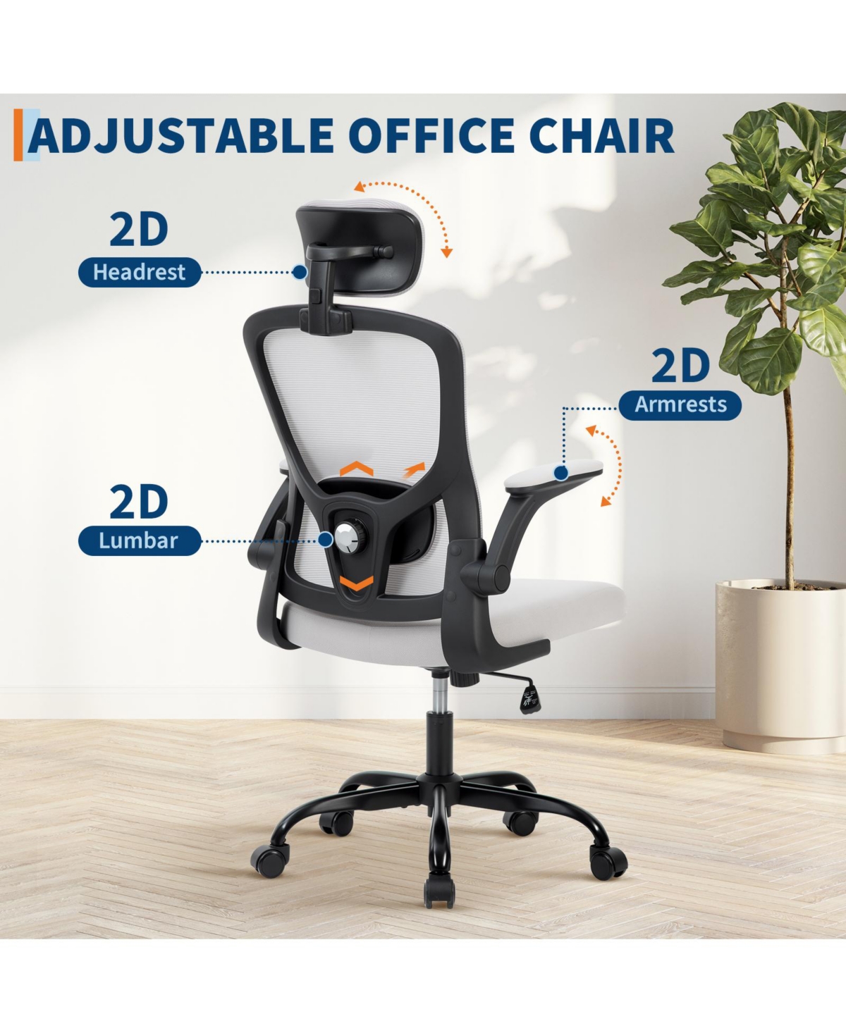 gaomon Office Computer Chair with Headrest, Mesh Home Office Chair with Adjustable Back Support and Armrest, High Ergonomic Rolling Work Chair