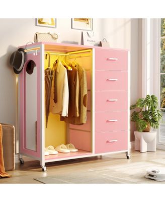 45-Inch Rolling Dresser with Mirror, Closet Organizer with 5 Fabric Drawers and Charging Station