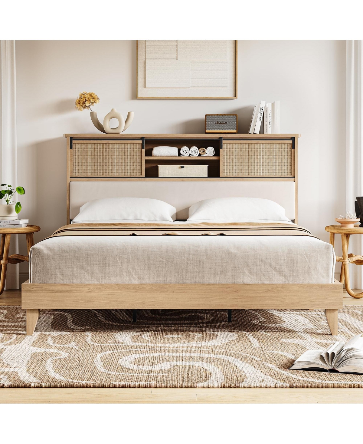 homfan Rattan Bed Frame with Shelves, Boho Bed Frame with Shelf Headboard Sliding Door, Wood Foundation with Silent Slats