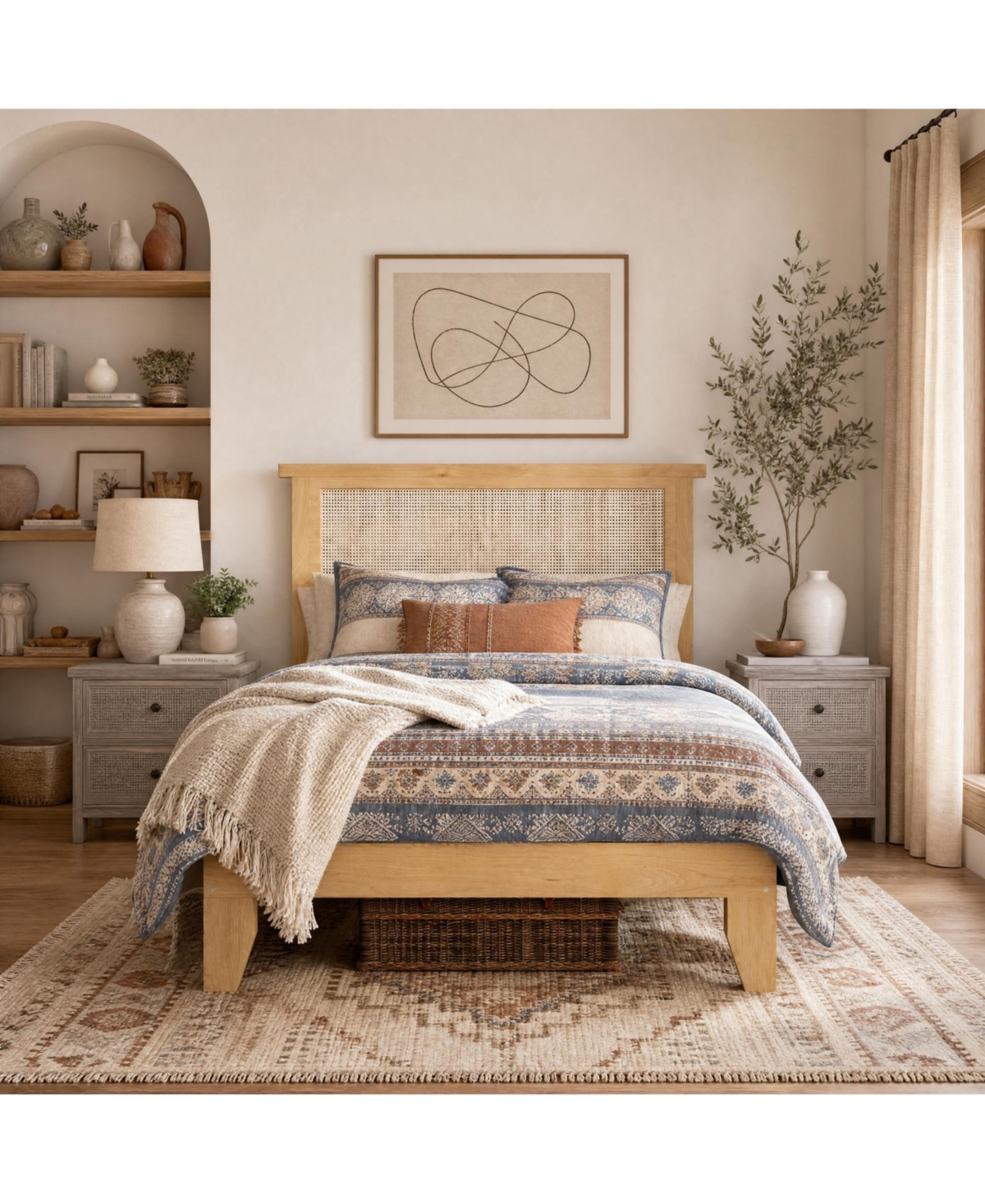 Homfan Bed Frame with Rattan Headboard, Platform Bed Frame with Led Lights