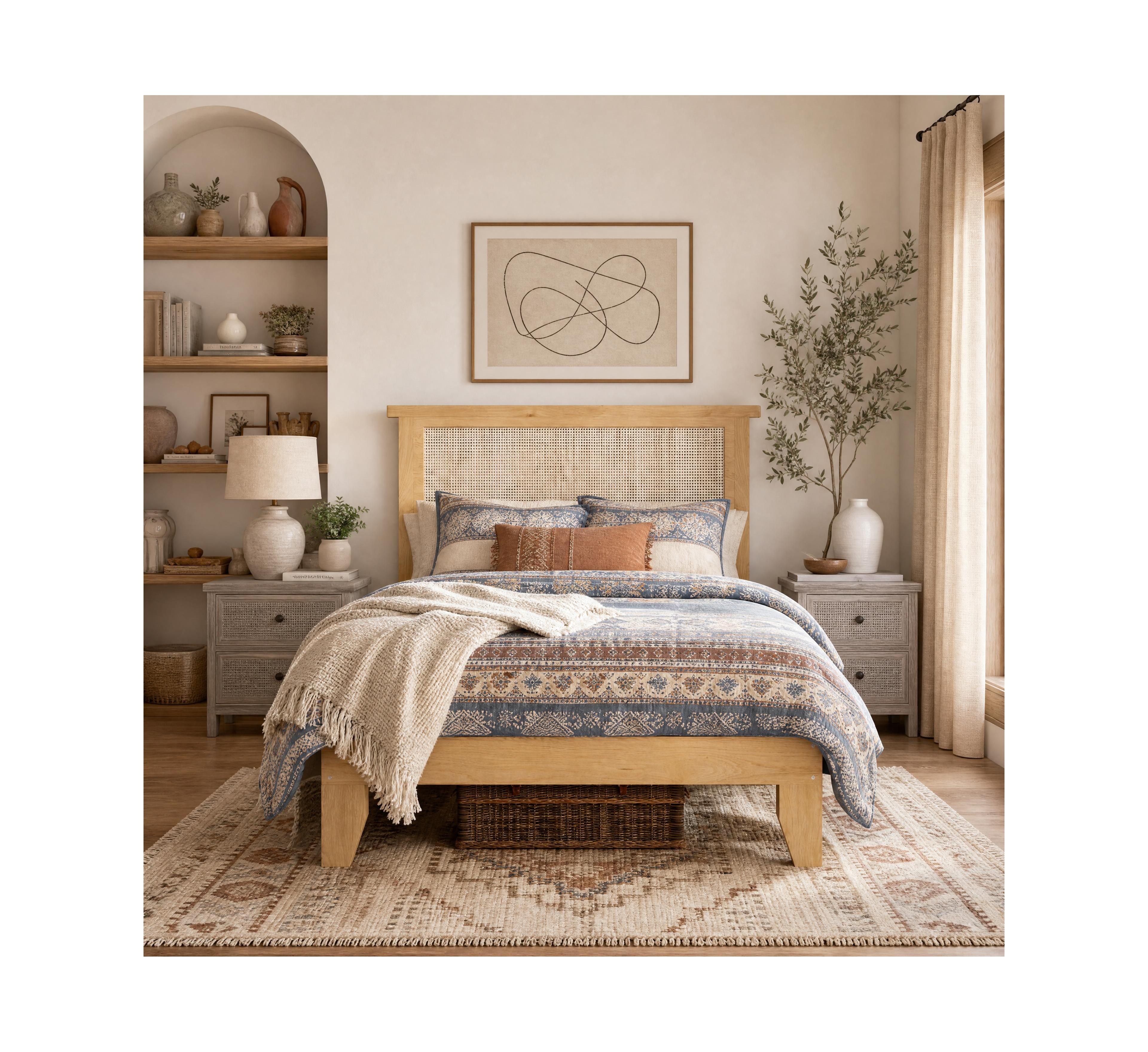 Homfan Bed Frame with Rattan Headboard, Platform Bed Frame with Led Lights