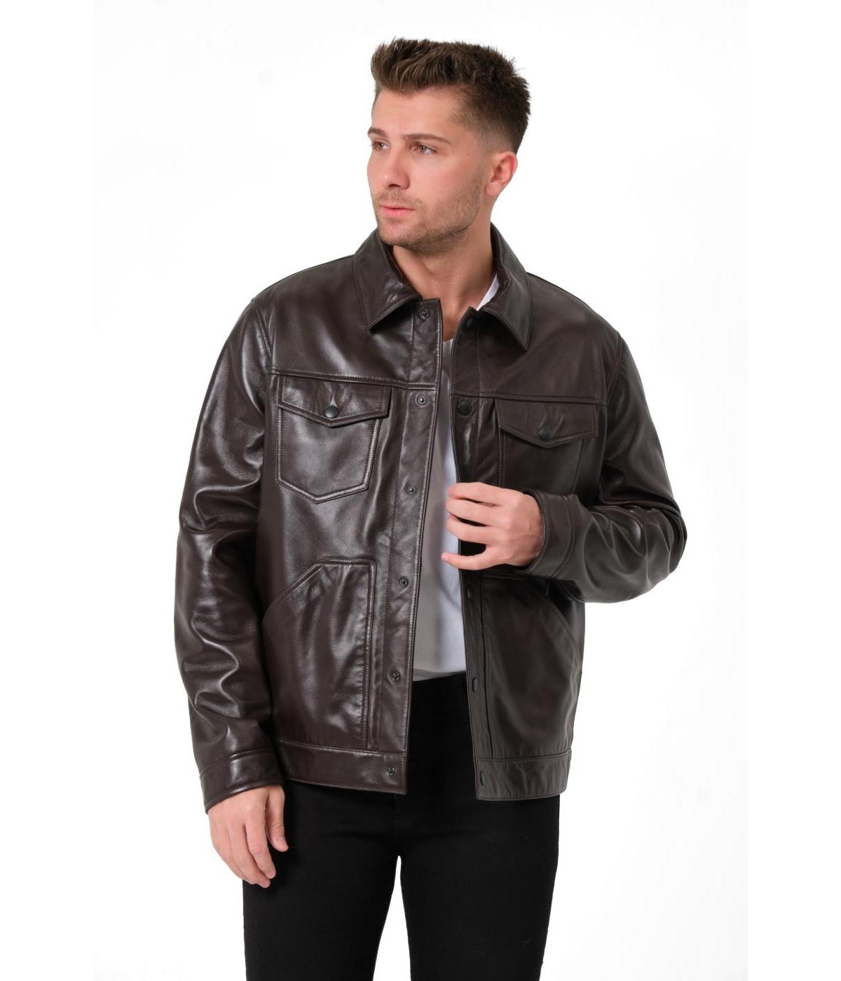 Furniq Uk Men's Leather Trucker Jacket, Created for Macy's - Brown