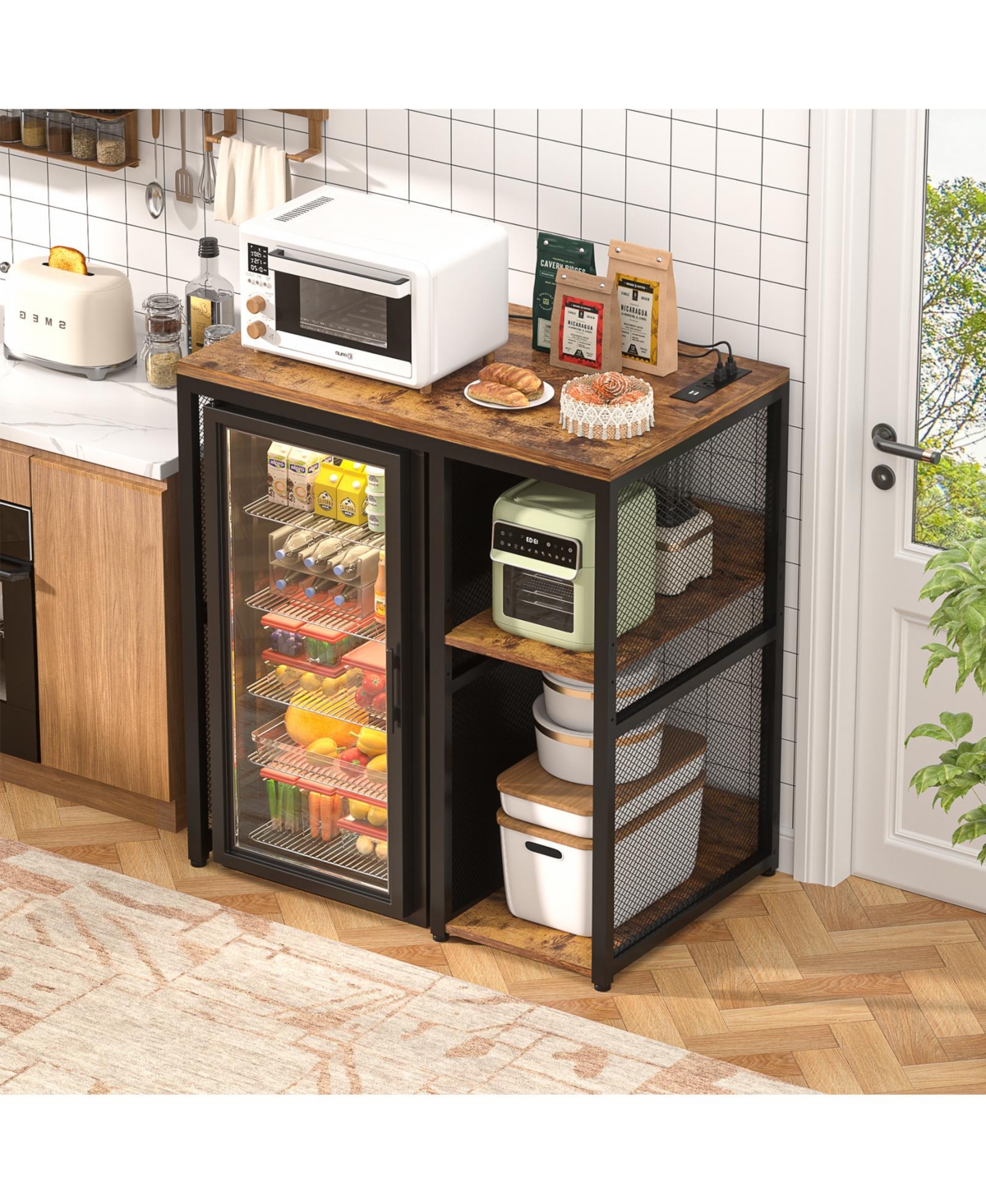 Aheaplus Coffee Bar Cabinet with Mini Fridge Space, Buffet Sideboard with Charging Station