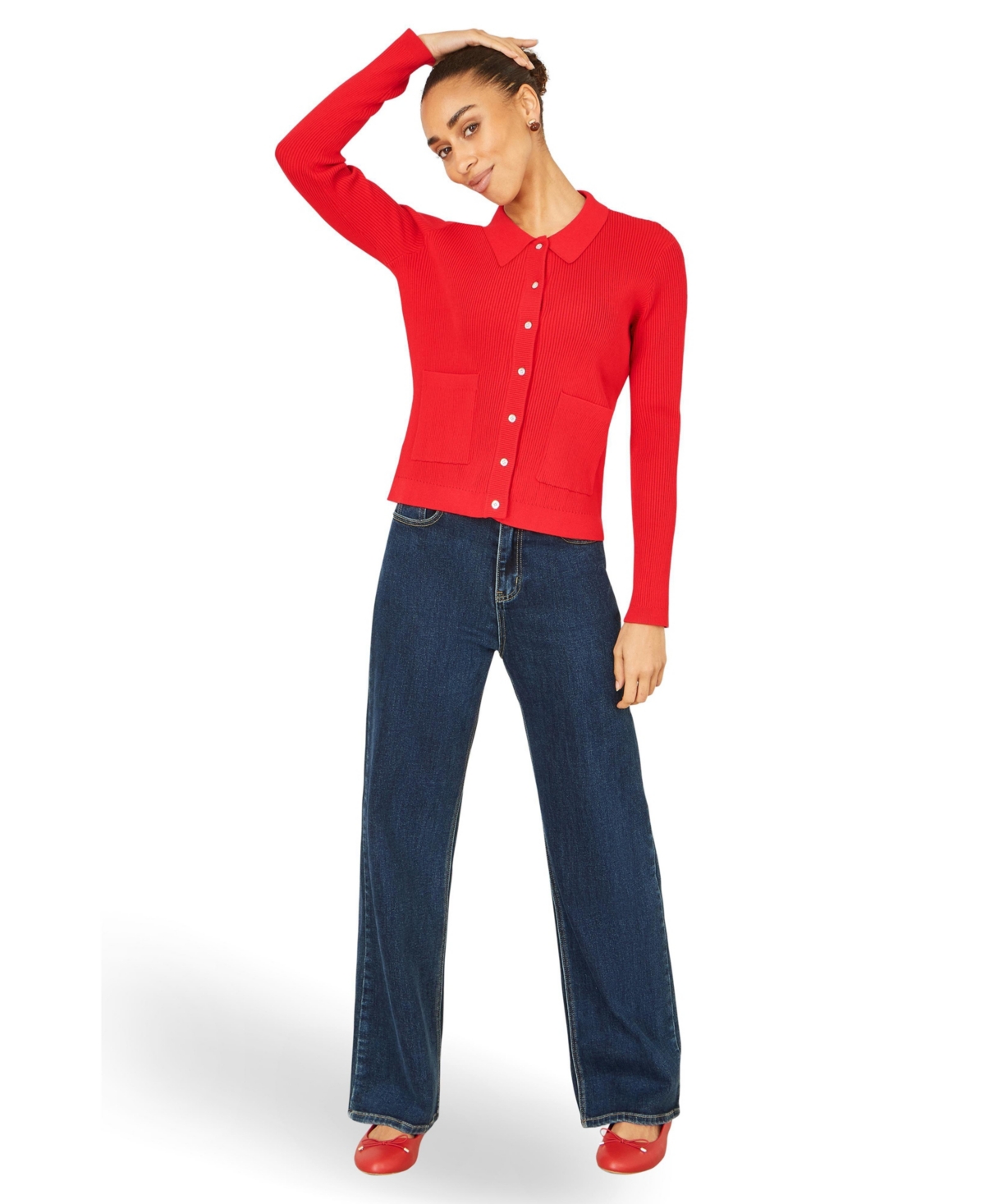 Yumi Women's Ribbed Collar Button Up Cardigan