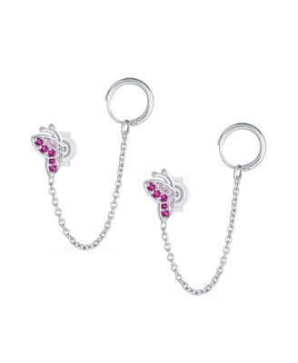 Double Piercings Chain Ear Cuff Cartilage Earlobe Stud CZ Butterfly Earrings Sterling Silver