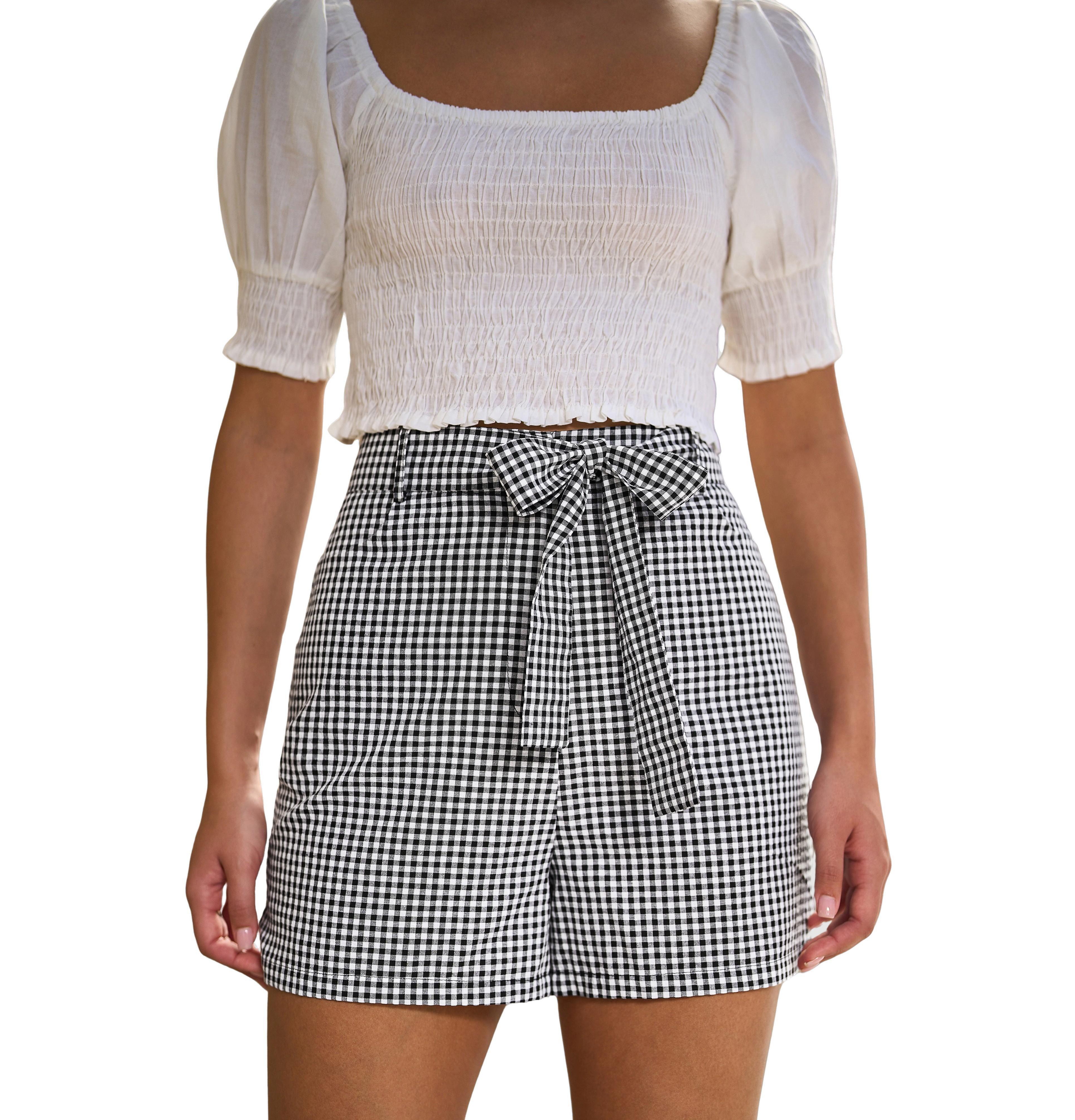 Yumi Women's Cotton Gingham Tie Belt Shorts