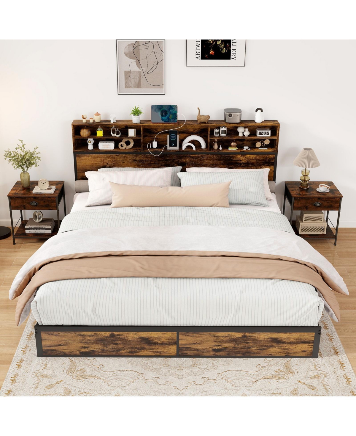 Slickblue Modern Metal Platform Bed with Storage Headboard for Bedroom