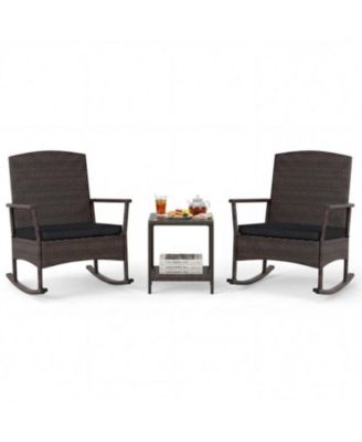 3 Piece Patio Rocking Bistro Set with Cushions 2 Tier Table Rattan Furniture