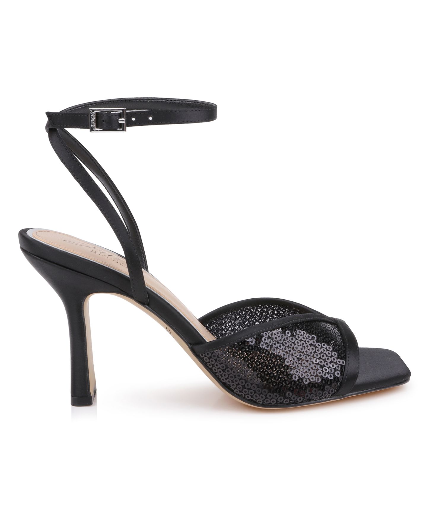 Женские сандалии Jewel Badgley Mischka Zaha Square Toe Dress Sandals, цвет: Чёрный атласный — фото 2
