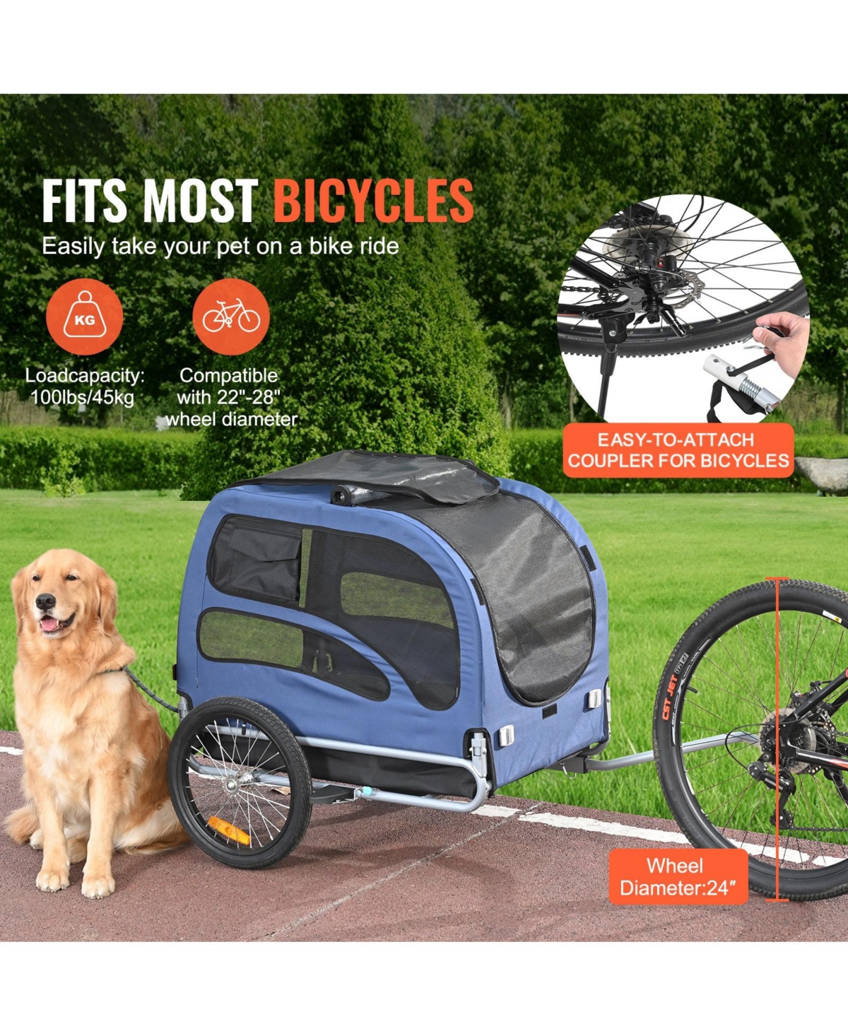 Cozito Dog Bike Trailer, 100 lb Capacity Folding Pet Bicycle Carrier with Quick Release Wheels