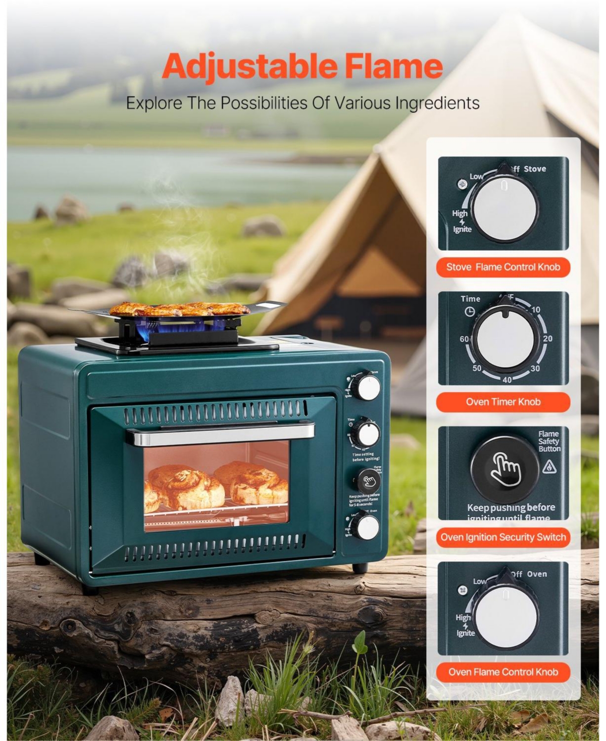 Cozito Outdoor Oven, 2-in-1 Portable Gas Camping Stove Oven Combo with 60-Minute Timer