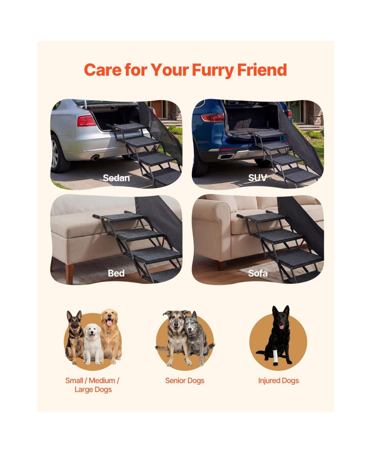 Cozito Dog Stairs for Car 4-Step Extra Wide Foldable Ramp with Rug Surface