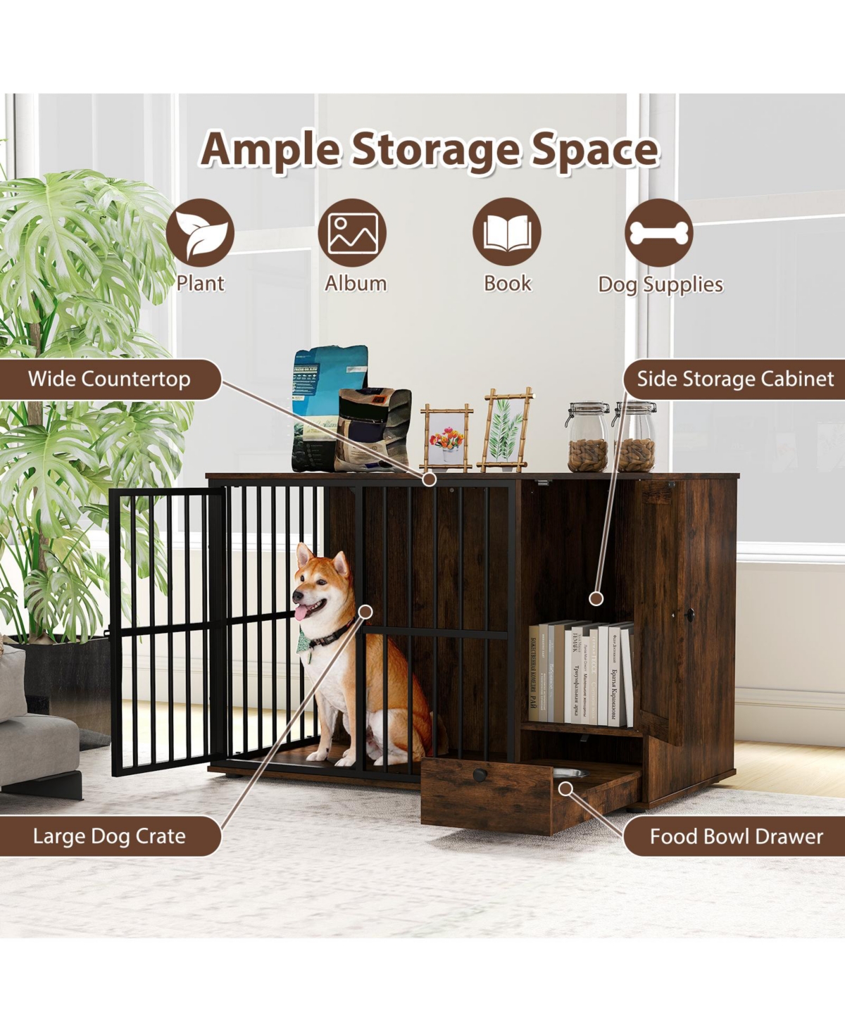 Cozito 47.5 in Dog Crate Furniture with Hidden Pull-Out Bowls for Small and Medium Dogs