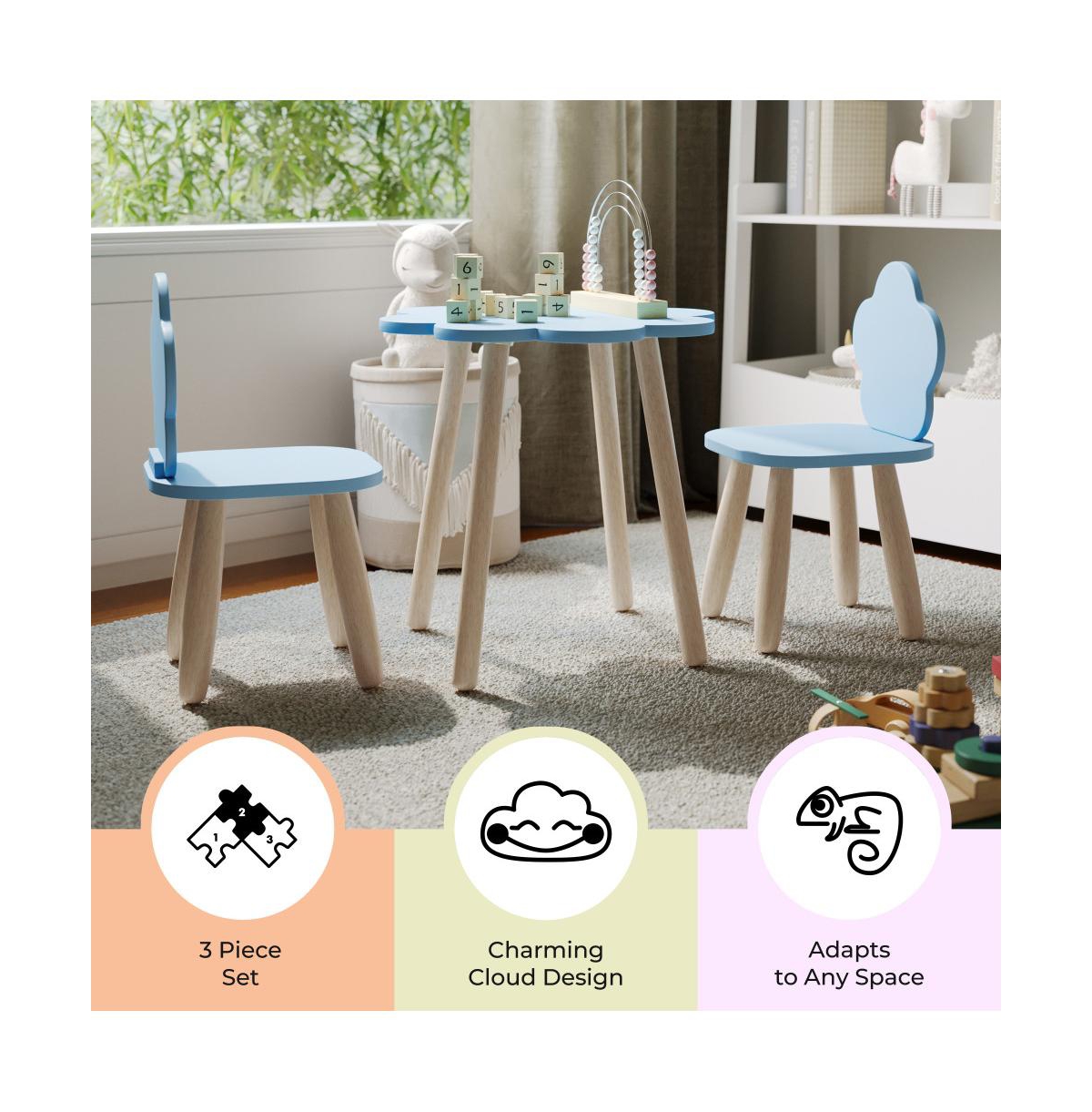 Kids 3-Piece Wood Cloud-Shaped Table and Chairs Set
