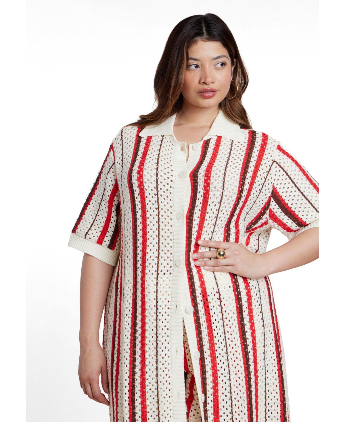Eloquii Women's Plus Striped Crochet Duster