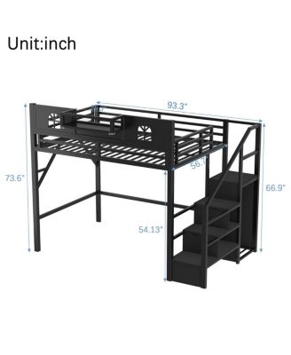 Metal Full Loft Bed with Stairs, Wardrobe